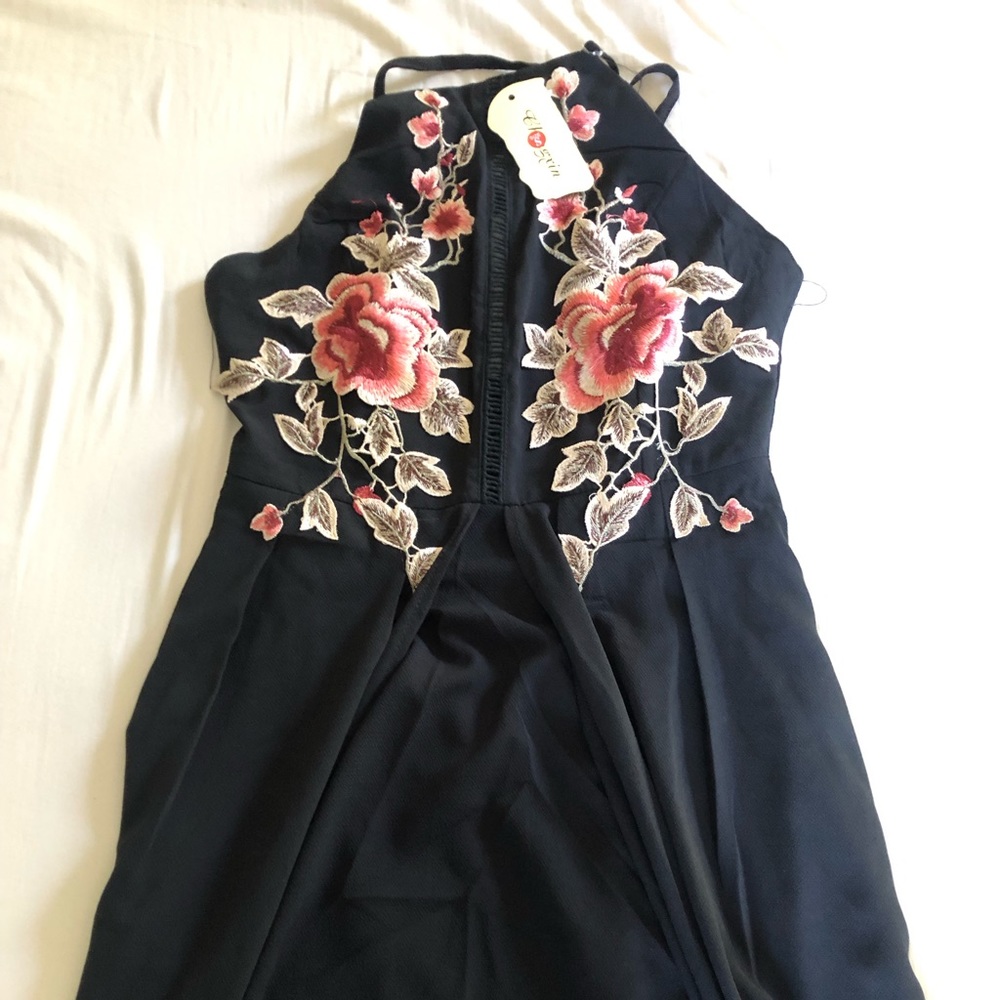high Low Black Floral Dress with Flowing Skirt